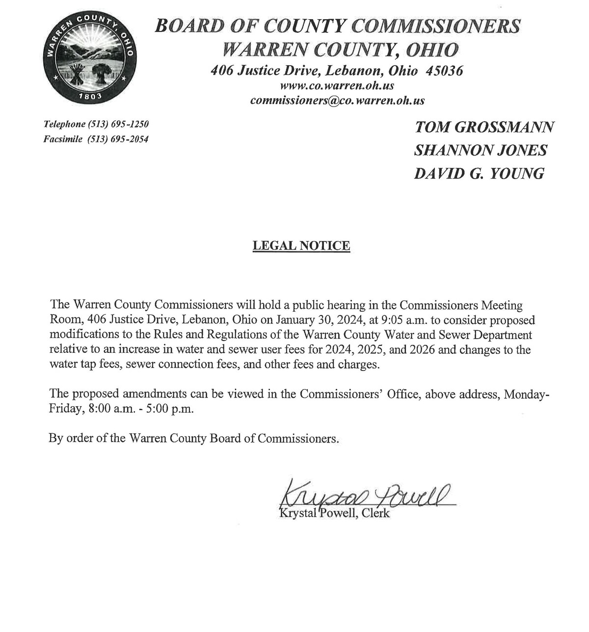 Warren County Commissioners Public Hearing Notice